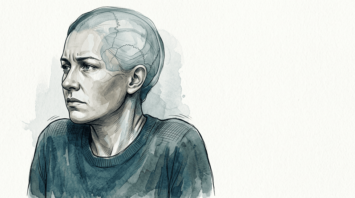 Illustrazione editoriale: rigidita cervicale da stress, tensione delle membrane craniche e pattern di chiusura