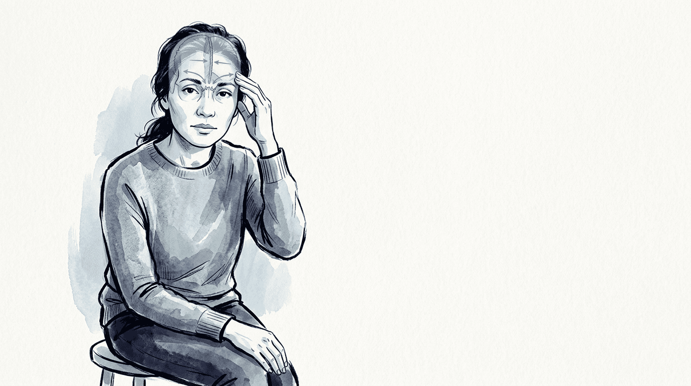 Illustrazione editoriale: dolore frontale cronico, falce cerebrale anteriore e restrizione fronto-sfenoidale