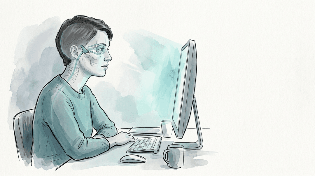 Illustrazione editoriale: affaticamento visivo digitale e tensione cranio-cervico-orbitaria