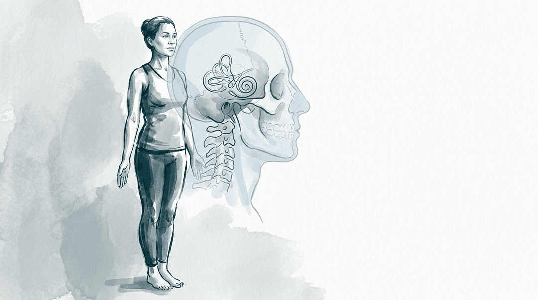 Illustrazione editoriale: equilibrio posturale e temporale petroso, pattern cranio-cervico-stomatognatico