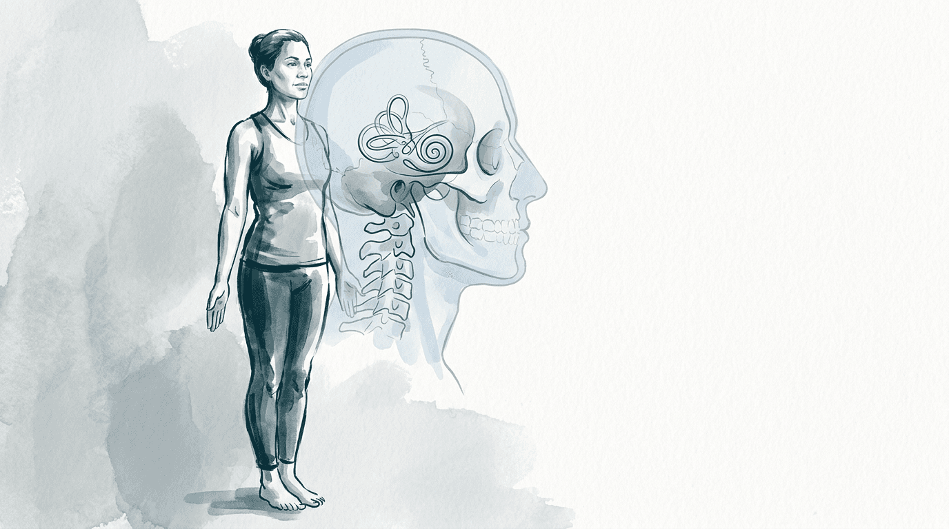 Illustrazione editoriale: equilibrio posturale e temporale petroso, pattern cranio-cervico-stomatognatico