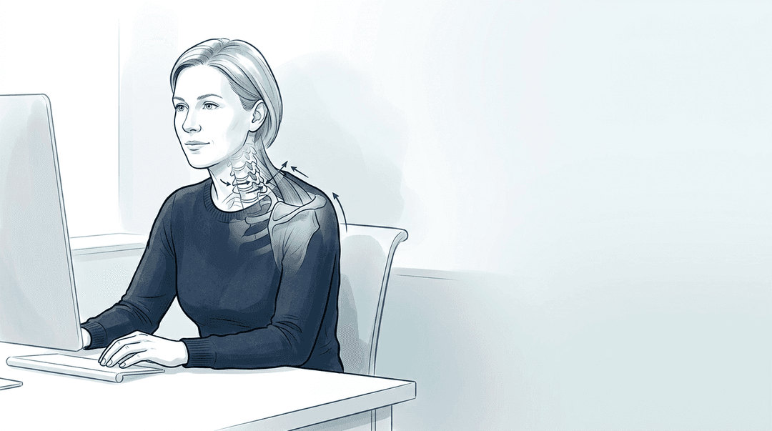 Illustrazione editoriale: cervicalgia meccanica da lavoro sedentario, sovraccarico C4–C6 e cingolo scapolare