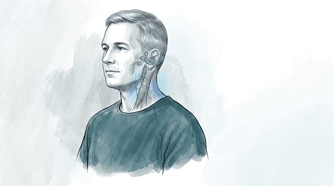 Illustrazione editoriale: disfunzione cervicale alta con acufene e ipertono dello sternocleidomastoideo