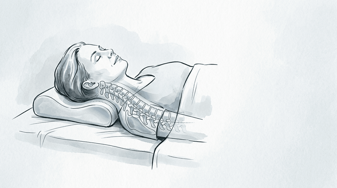 Illustrazione editoriale: cervicalgia cronica con sonno disturbato e postura notturna disfunzionale