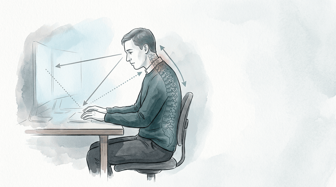 Illustrazione editoriale: dolore cervicale cronico da lavoro al computer con schema ergonomico disfunzionale