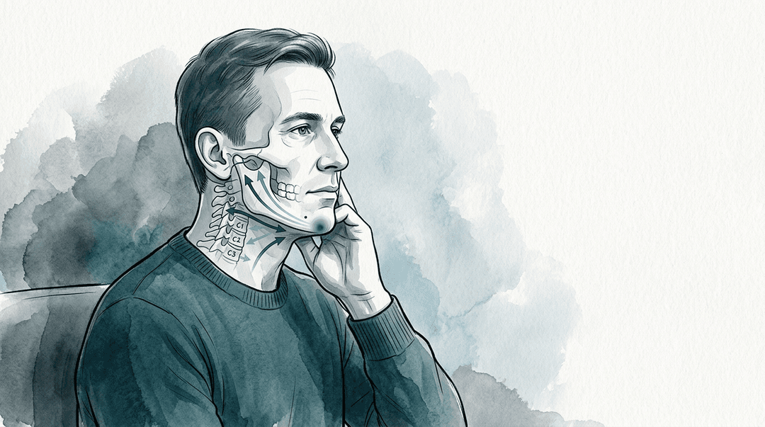 Illustrazione editoriale: dolore cervicale post-traumatico non da colpo di frusta, caduta sul mento