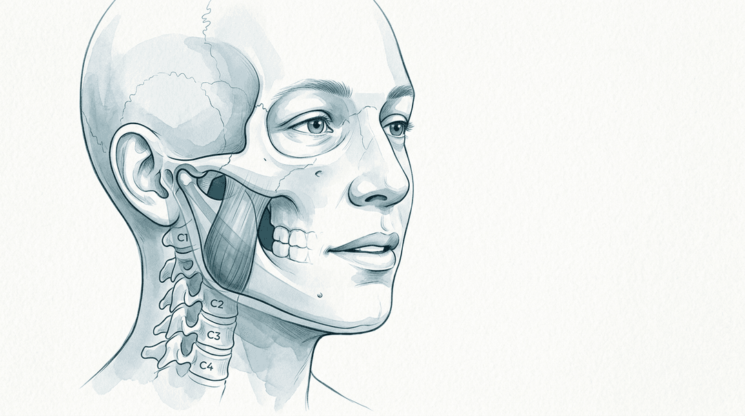 Illustrazione editoriale: cervicalgia con disfunzione dell'articolazione temporo-mandibolare