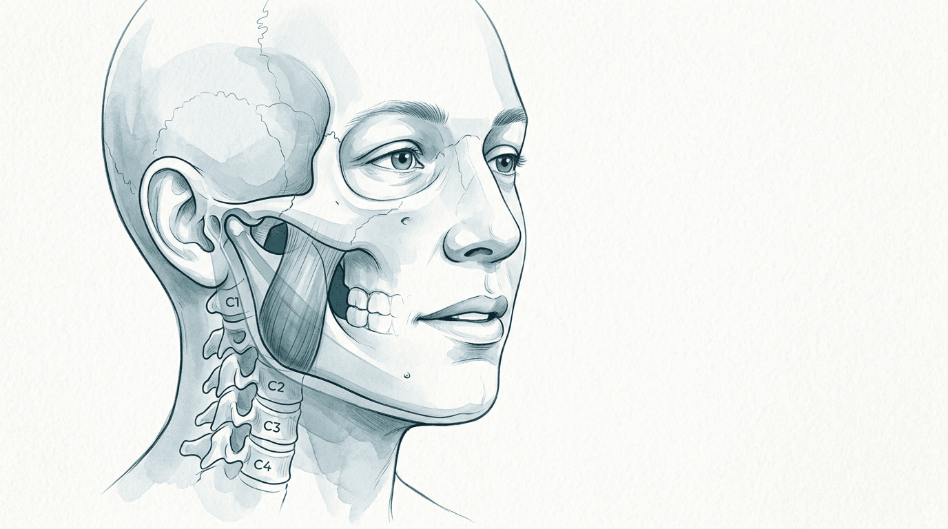 Illustrazione editoriale: cervicalgia con disfunzione dell'articolazione temporo-mandibolare