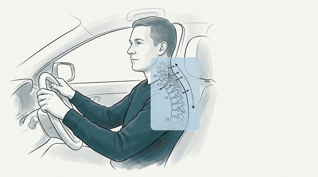 Illustrazione editoriale: cervicalgia da guida prolungata e rigidità della cerniera cervico-toracica