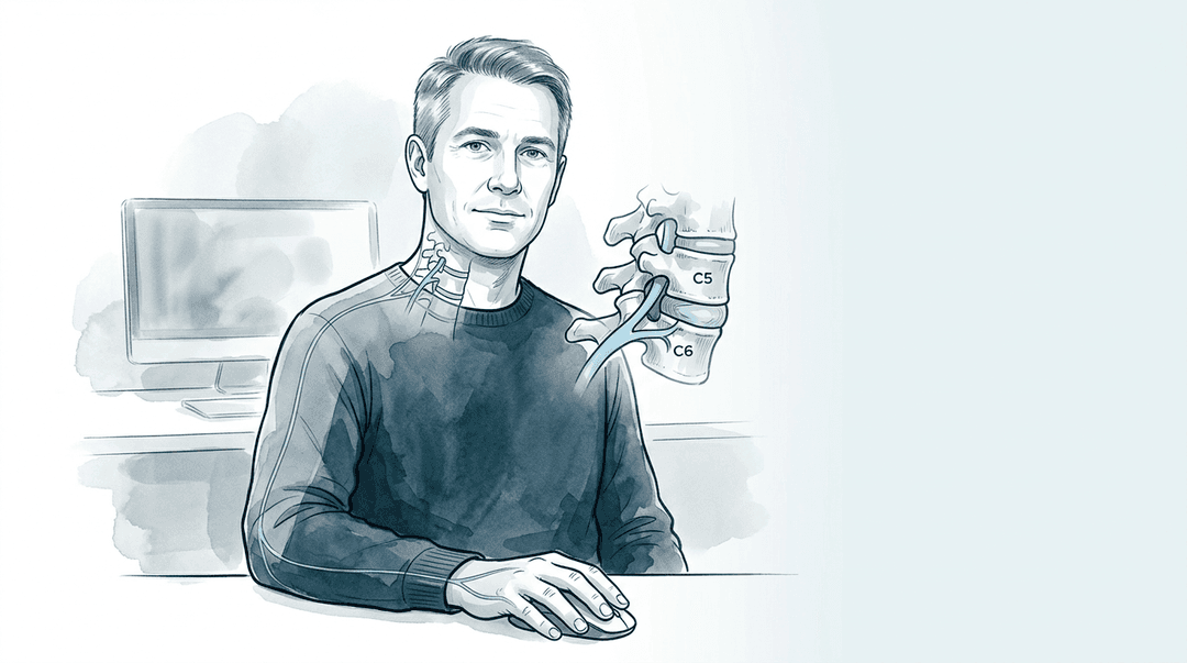 Illustrazione editoriale: radicolopatia cervicale C6 con percorso radicolare verso avambraccio e pollice