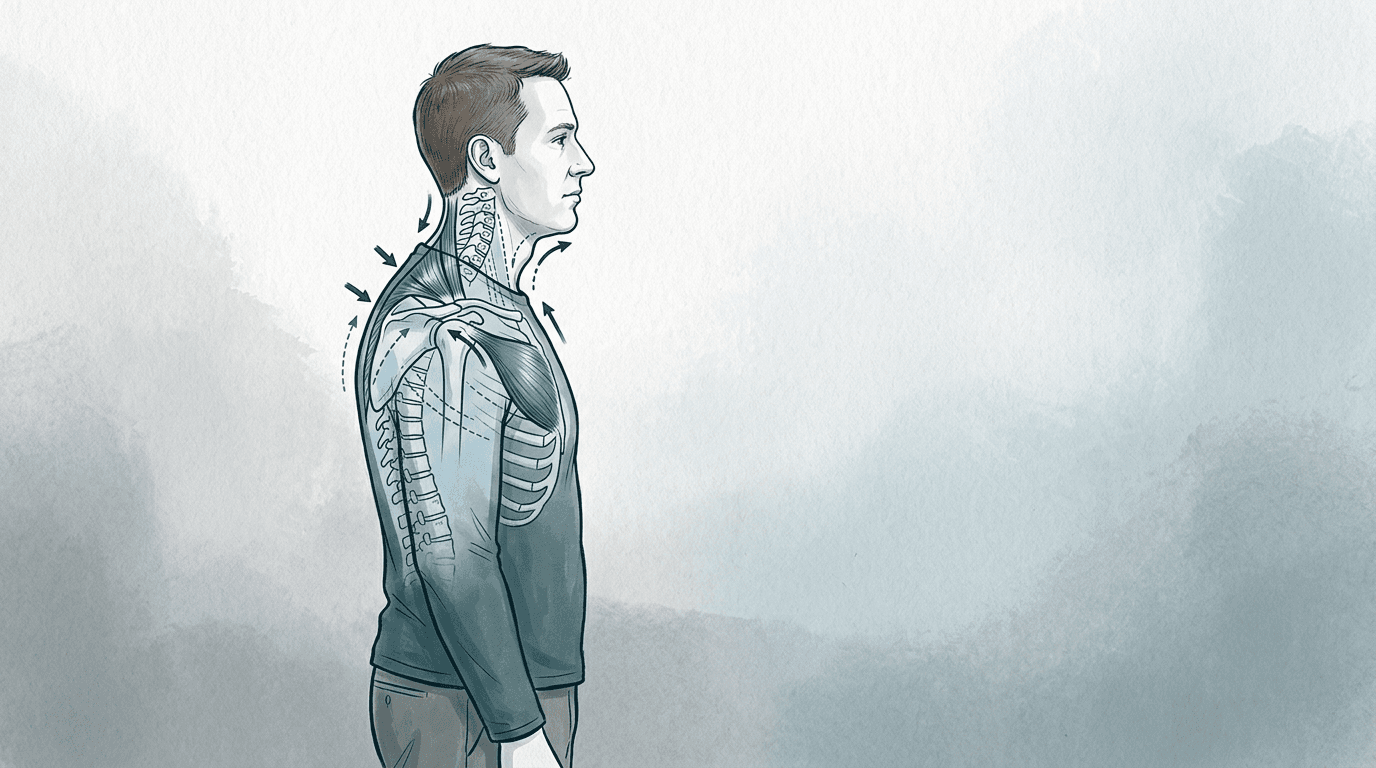 Illustrazione editoriale: cervicalgia cronica con schema a croce superiore e alterazioni posturali globali