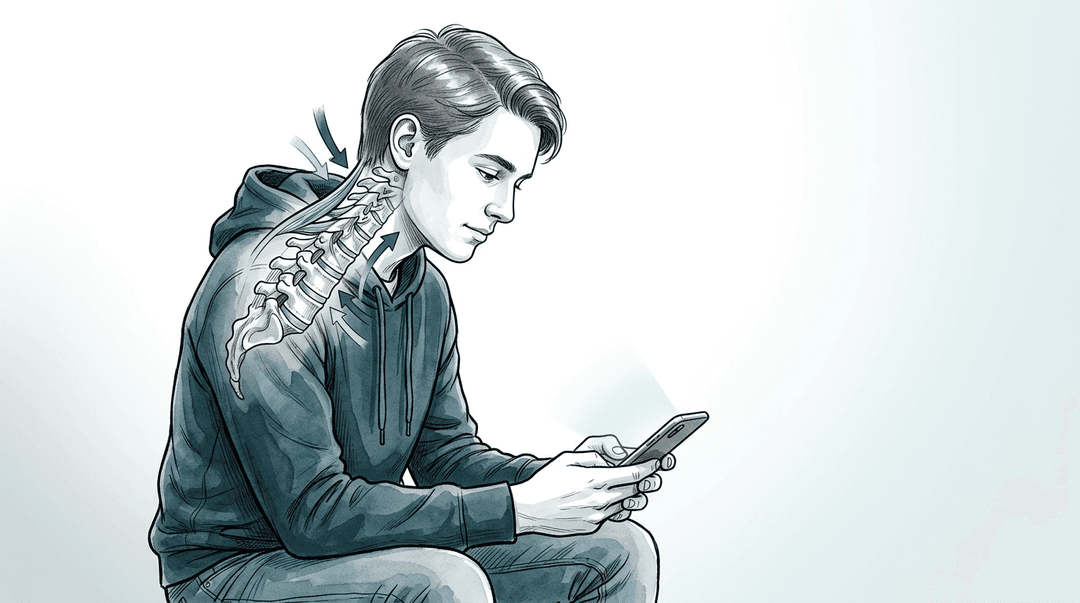 Illustrazione editoriale: sindrome da text neck e cervicalgia nel giovane adulto, carico flessorio cervicale