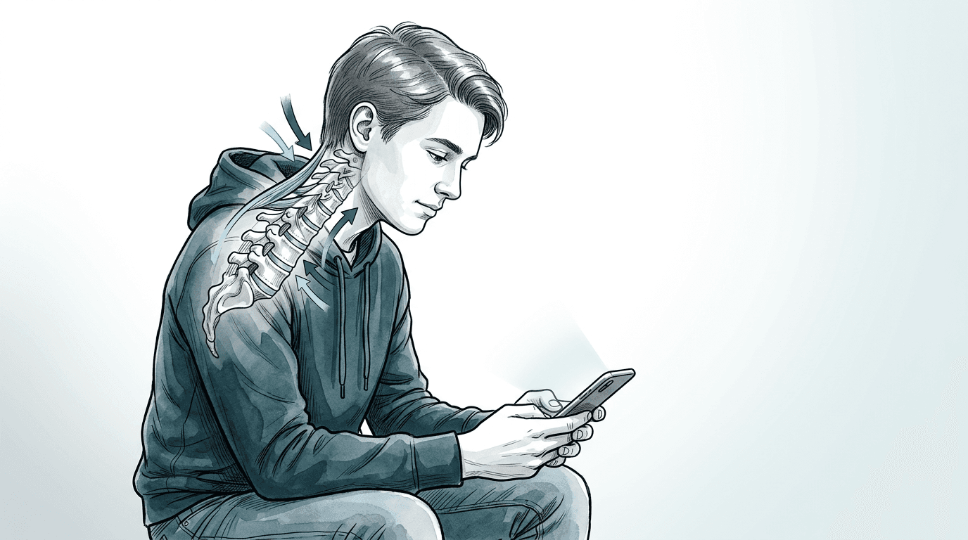 Illustrazione editoriale: sindrome da text neck e cervicalgia nel giovane adulto, carico flessorio cervicale