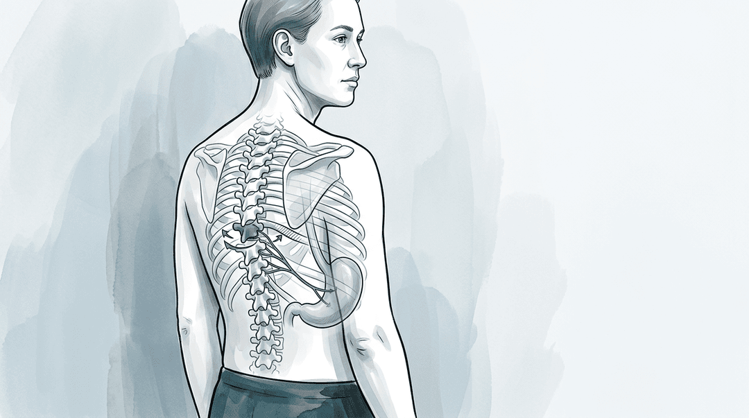 Illustrazione editoriale: dorsalgia bassa con dispepsia funzionale, FRS T10 e decima costa sinistra