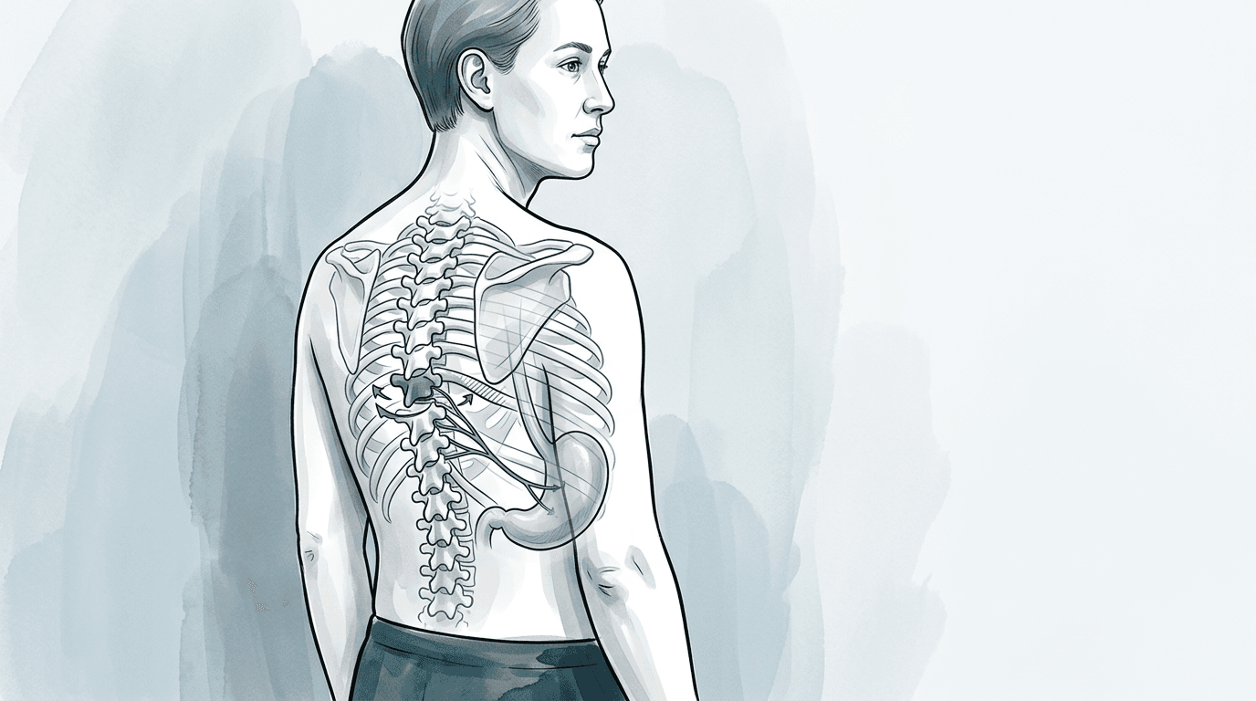 Illustrazione editoriale: dorsalgia bassa con dispepsia funzionale, FRS T10 e decima costa sinistra