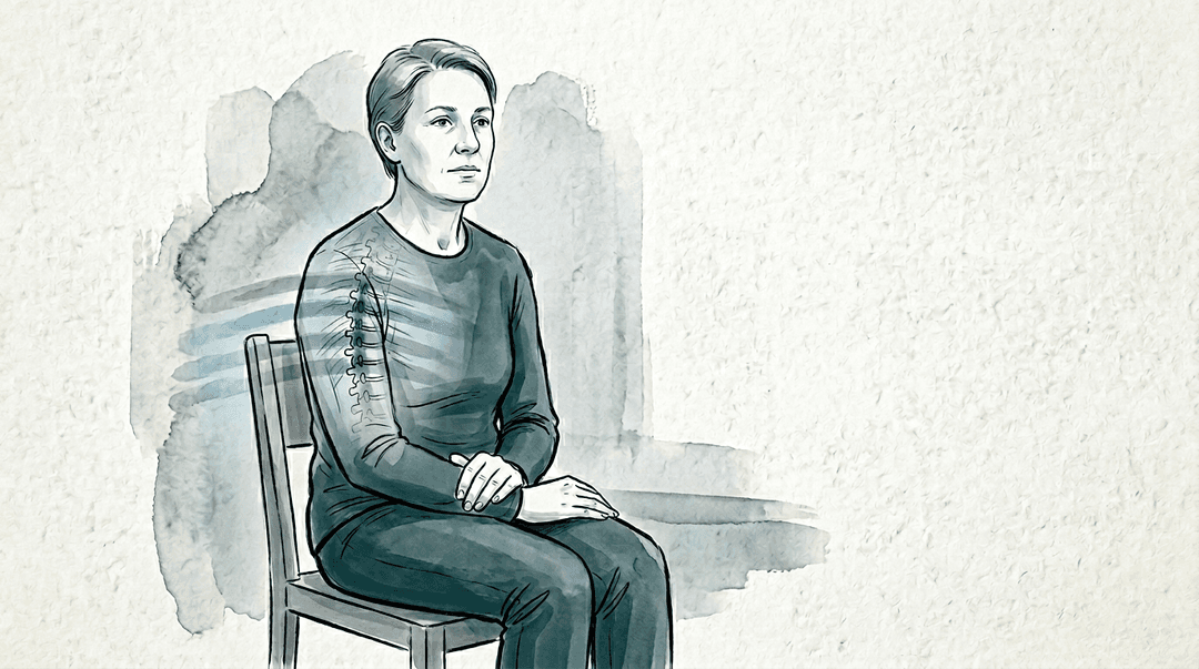 Illustrazione editoriale: dorsalgia media con tensione emotiva e facilitazione simpatica T3–T5