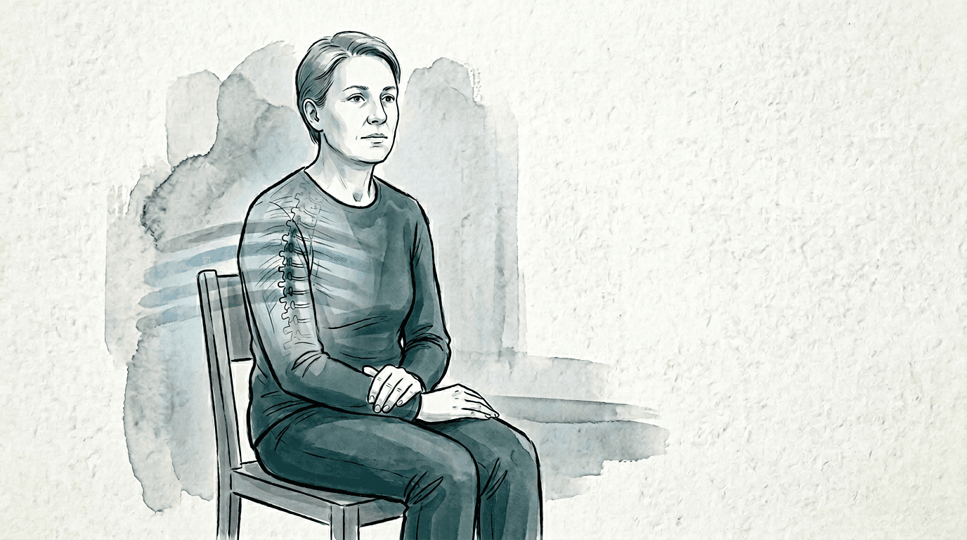 Illustrazione editoriale: dorsalgia media con tensione emotiva e facilitazione simpatica T3–T5