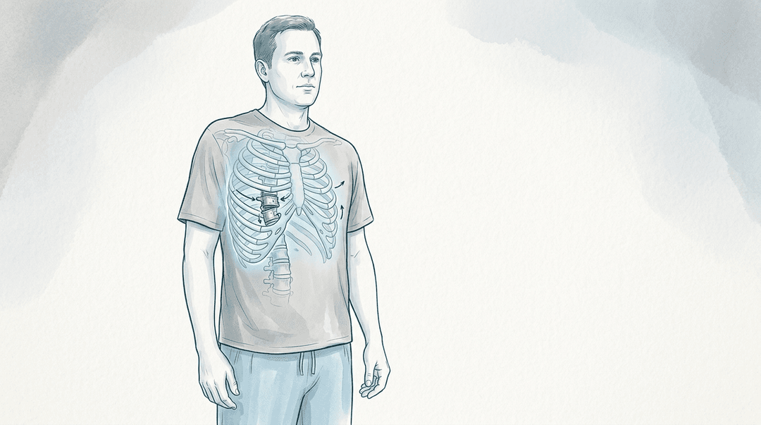 Illustrazione editoriale: pattern respiratorio disorganizzato, rigidità coste 6–7, FRS T6 destra