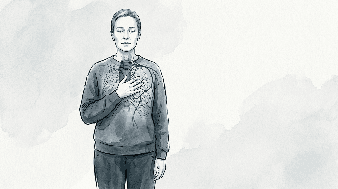 Illustrazione editoriale: rigidità toracica alta T1–T4, facilitazione simpatica cardiopolmonare, precordialgia funzionale