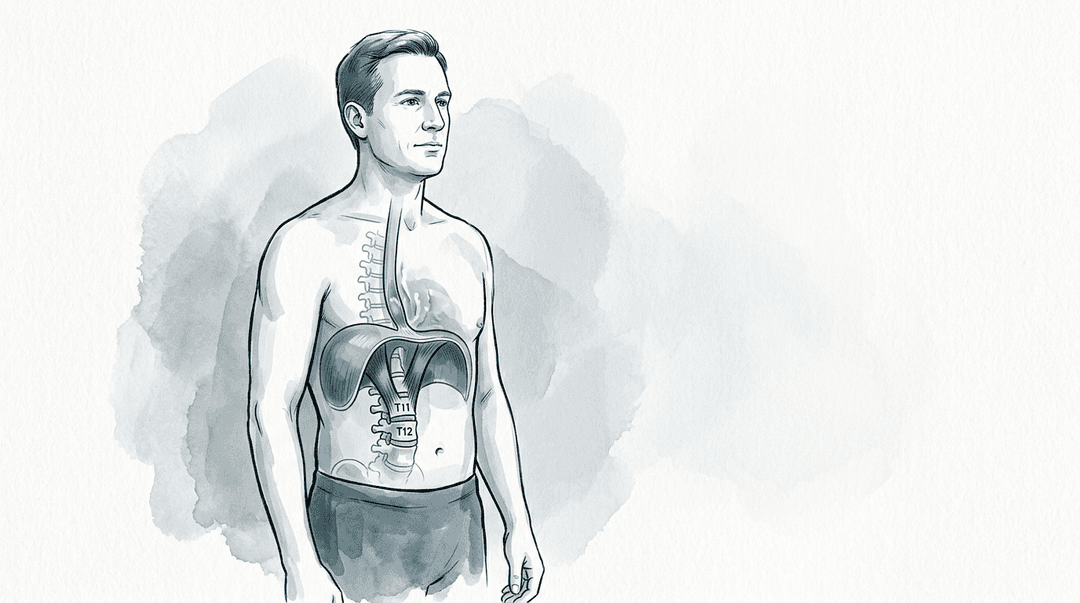 Illustrazione editoriale: dorsalgia toraco-lombare con reflusso e tensione pilastri diaframmatici T11–T12