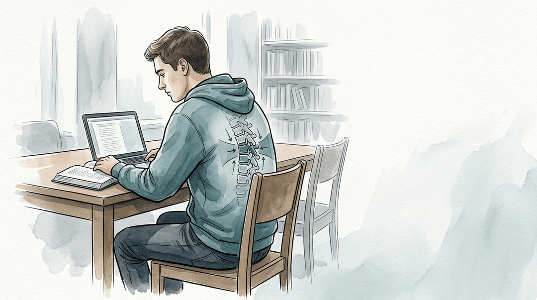 Illustrazione editoriale: dorsalgia dello studente universitario, FRS bilaterale T5–T7 da seduta prolungata