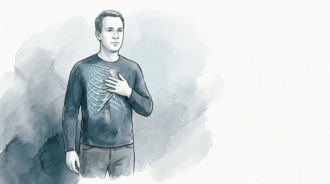 Illustrazione editoriale: rigidità costale post-tosse cronica, coste 3–5 e disfunzione T3–T4