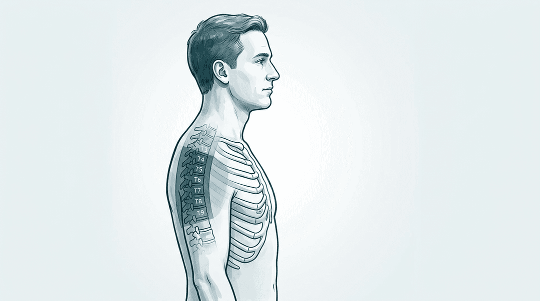 Illustrazione editoriale: rigidità toracica globale T4–T9 con riduzione multisegmentaria della mobilità