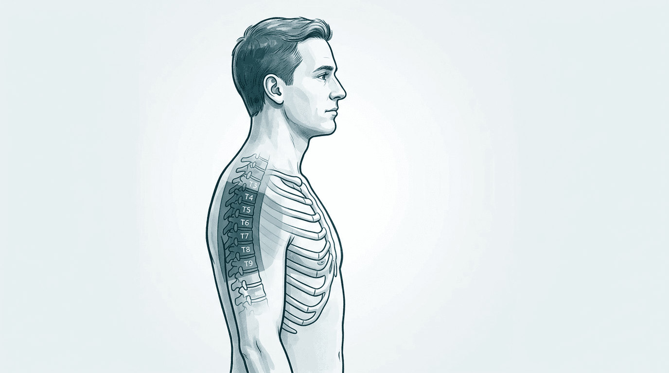 Illustrazione editoriale: rigidità toracica globale T4–T9 con riduzione multisegmentaria della mobilità