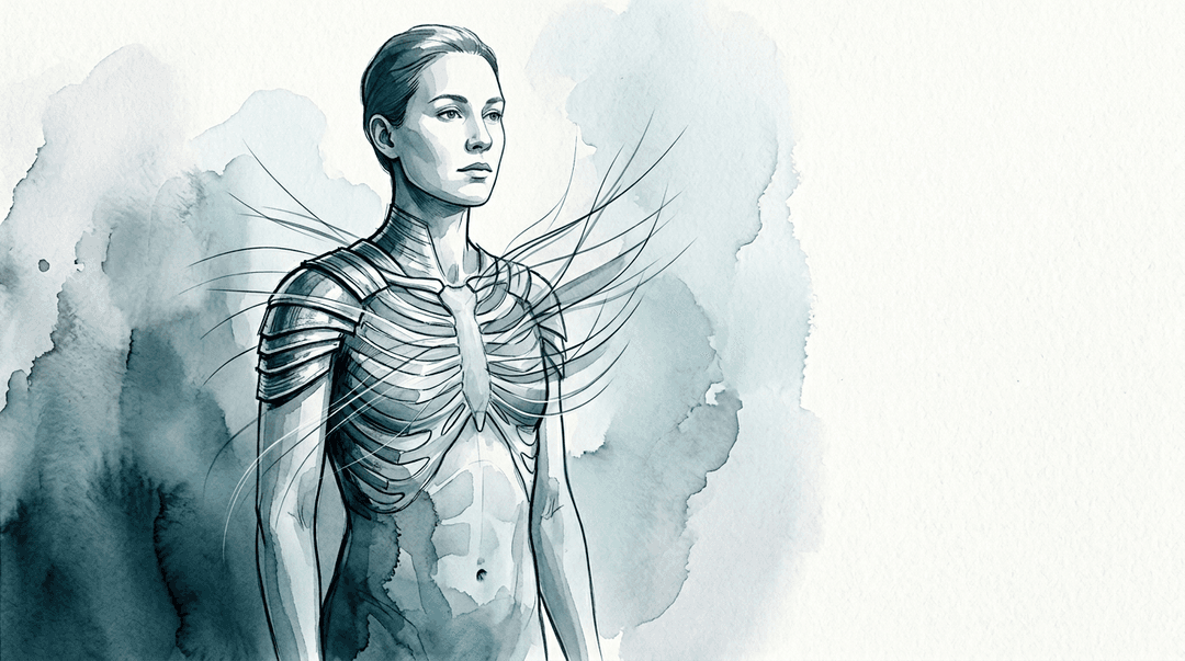 Illustrazione editoriale: disautonomia funzionale con facilitazione T1–T6 e rigidità toracica alta