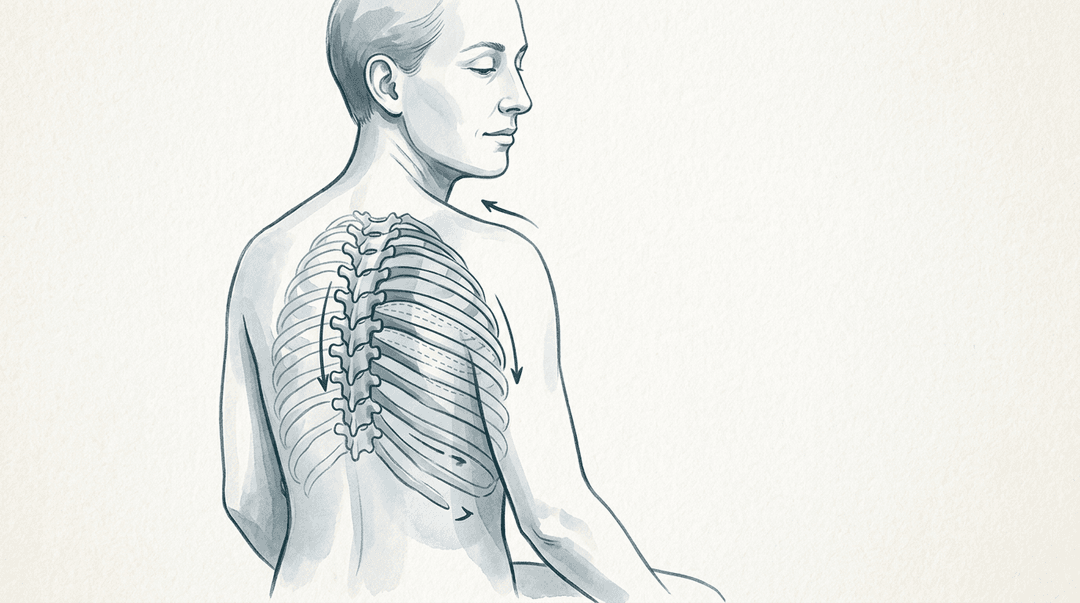 Illustrazione editoriale: dorsalgia toracica media, approccio indiretto, ERS T6–T7 sinistra e restrizione costale