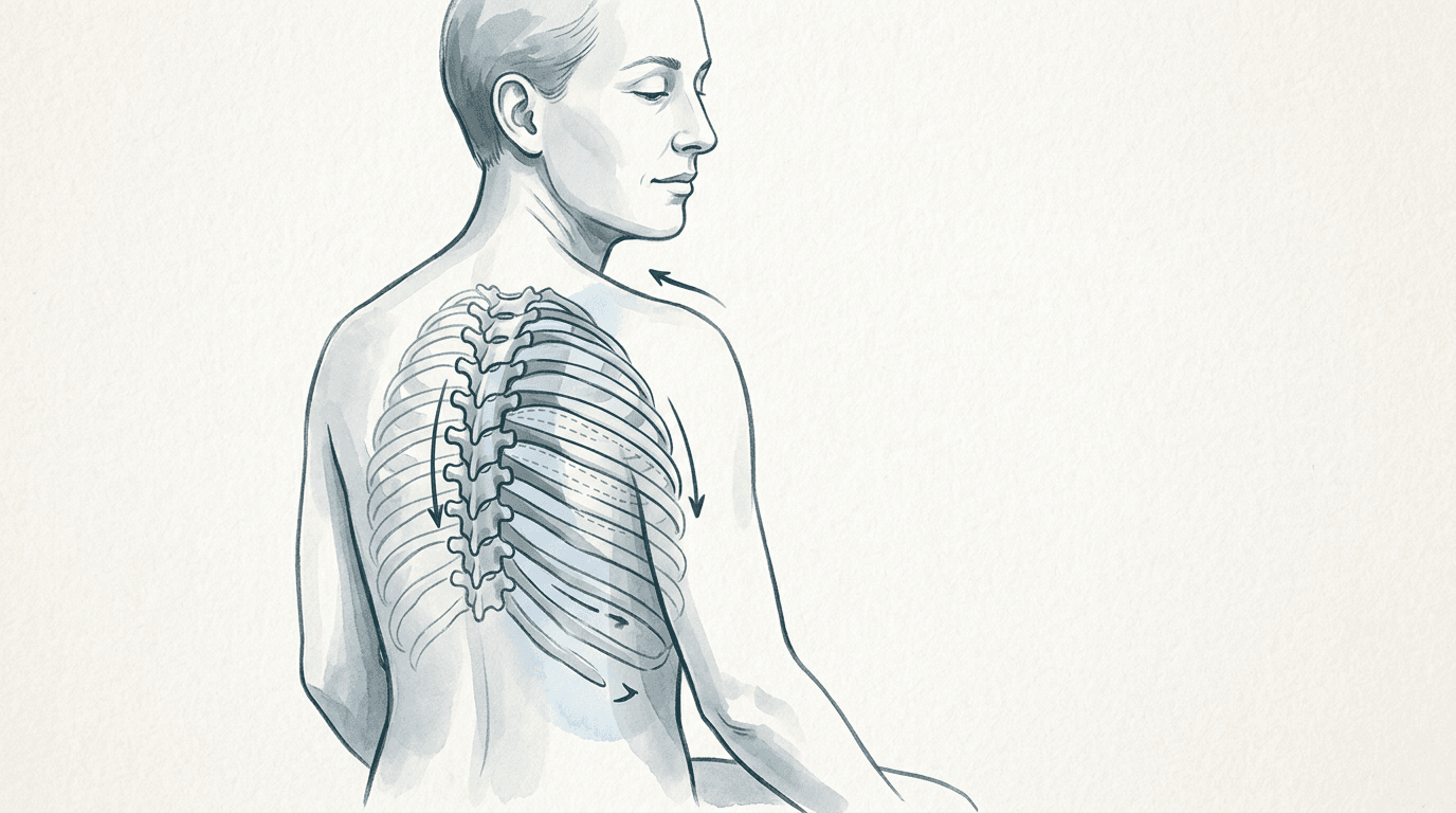Illustrazione editoriale: dorsalgia toracica media, approccio indiretto, ERS T6–T7 sinistra e restrizione costale