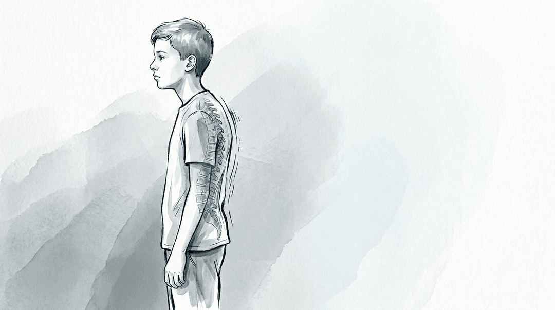 Illustrazione editoriale: ipercifosi posturale giovanile con ERS bilaterale T3–T8 e estensori toracici