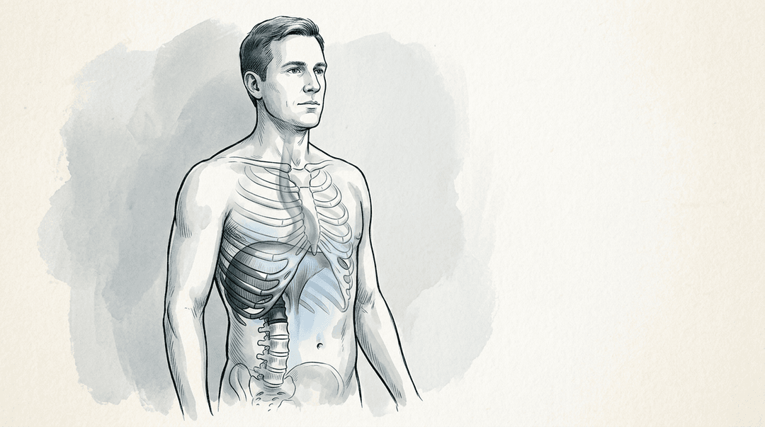 Illustrazione editoriale: dorsalgia bassa con restrizione diaframmatica e reflusso, ERS T12 e coste flottanti destre