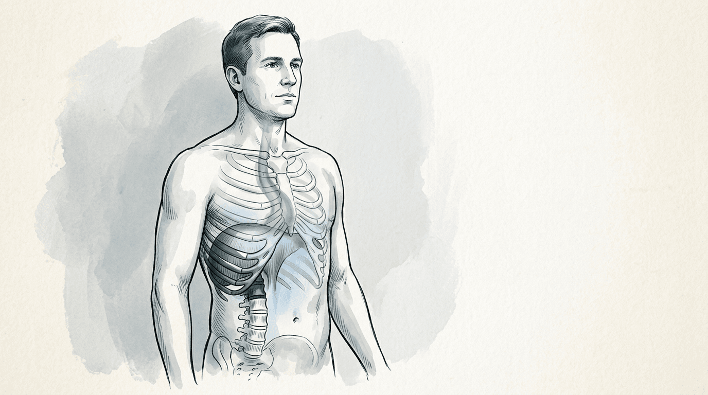 Illustrazione editoriale: dorsalgia bassa con restrizione diaframmatica e reflusso, ERS T12 e coste flottanti destre
