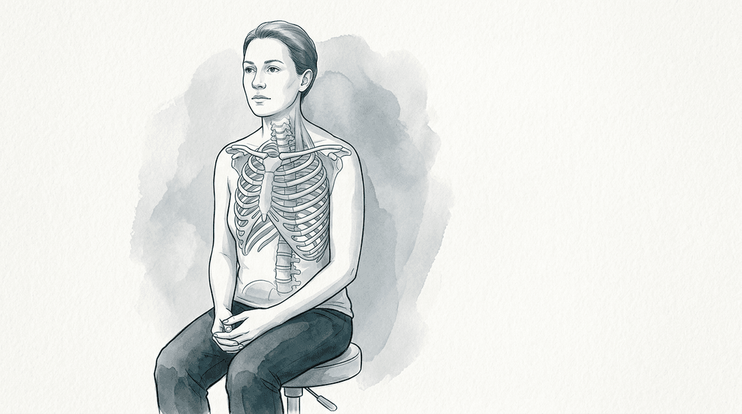 Illustrazione editoriale: dolore toracico non cardiaco con componente ansiosa, facilitazione T3–T4 e costa anteriore