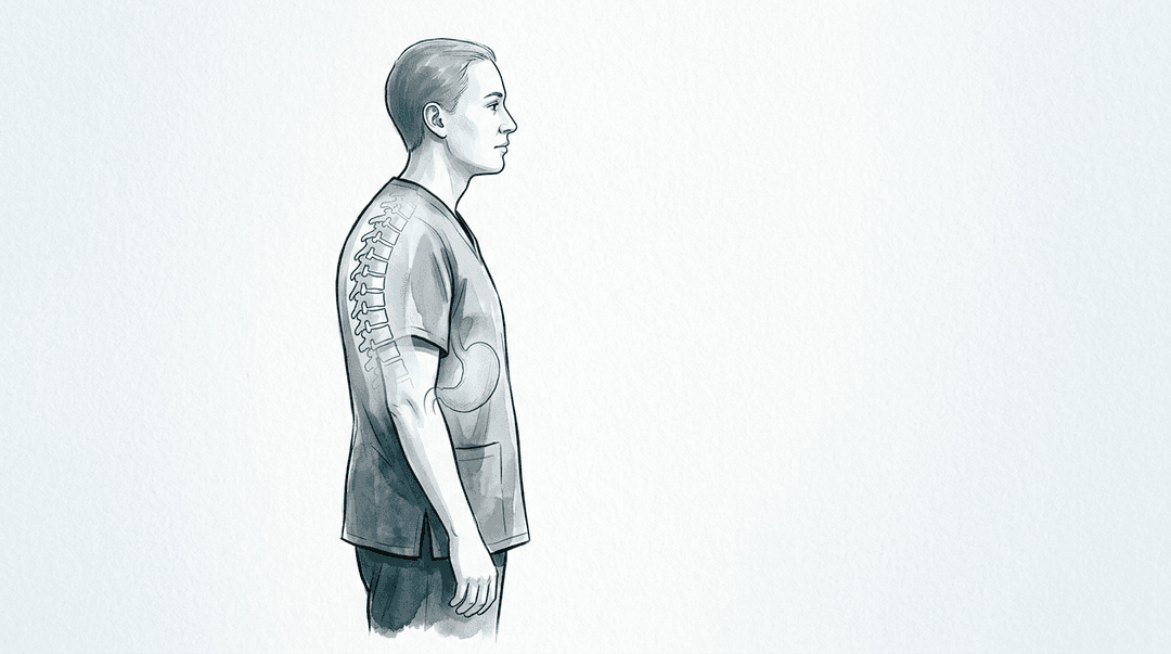 Illustrazione editoriale: ipercifosi con alterazioni respiratorie e dispepsia, rigidità T5–T9