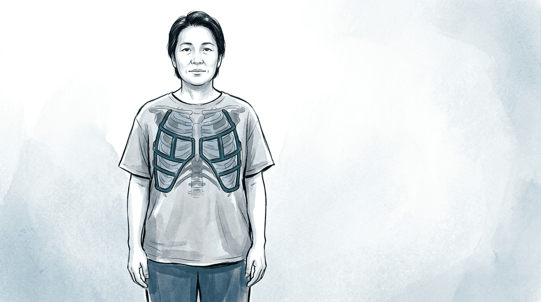 Illustrazione editoriale: sindrome restrittiva toracica, rigidità bilaterale coste 3–8 post-chirurgica