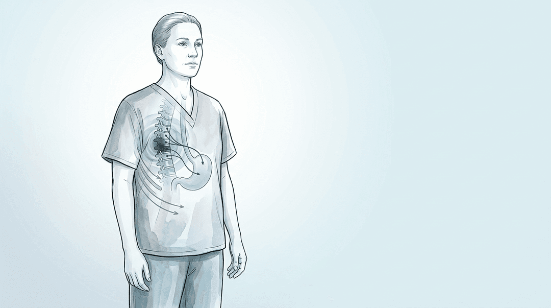 Illustrazione editoriale: dorsalgia con coinvolgimento gastroesofageo, facilitazione T9–T10 e disfunzione costale