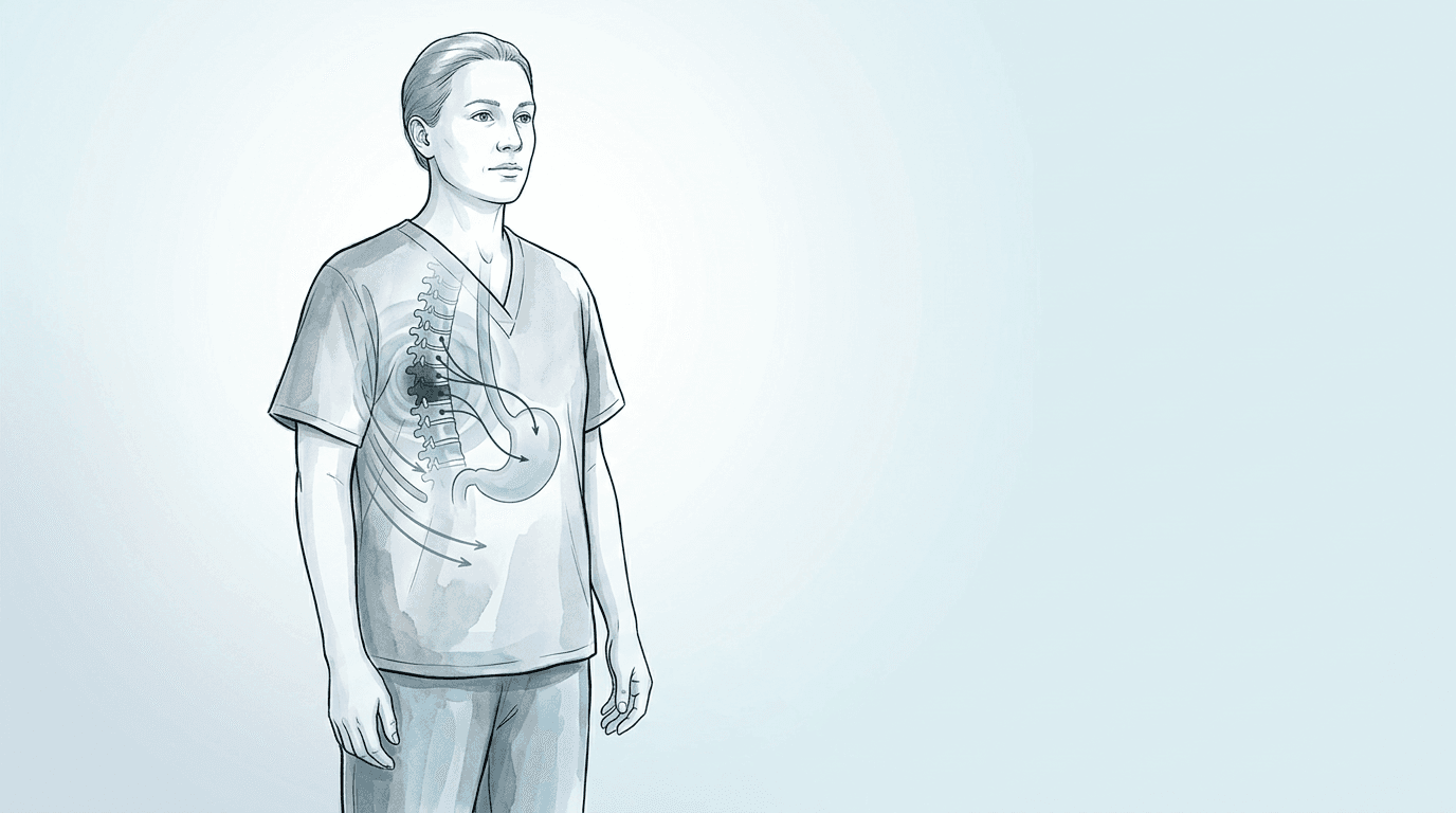 Illustrazione editoriale: dorsalgia con coinvolgimento gastroesofageo, facilitazione T9–T10 e disfunzione costale