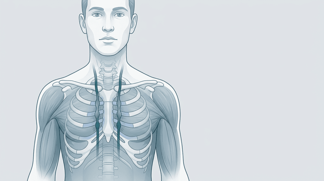 Illustrazione editoriale: disfunzioni toraciche alte con iperattività simpatica T2–T5 e coste 2–4