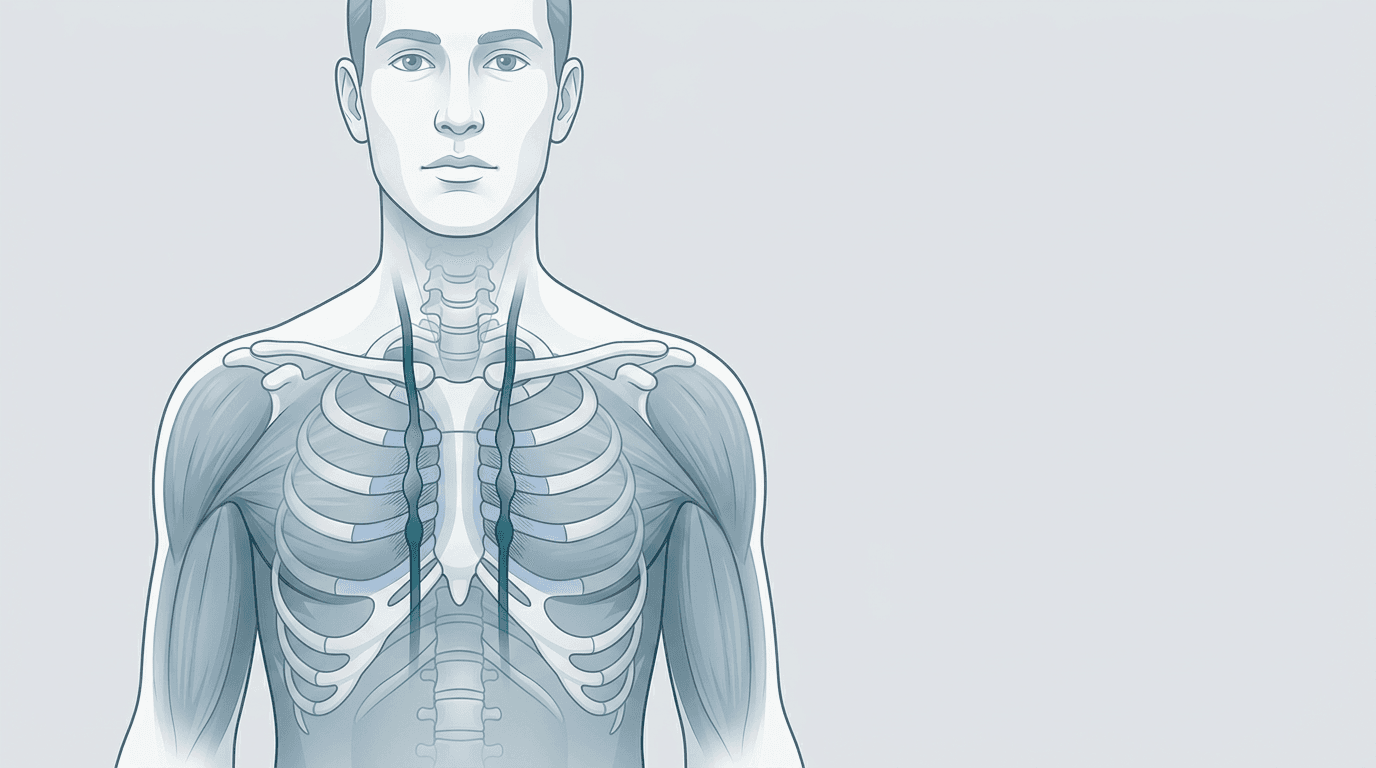 Illustrazione editoriale: disfunzioni toraciche alte con iperattività simpatica T2–T5 e coste 2–4
