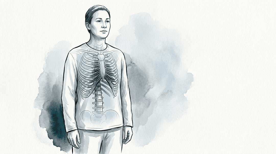 Illustrazione editoriale: respirazione alterata con rigidità T6–T10 e coste medie-basse bilaterali