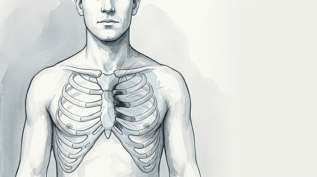Illustrazione editoriale: disfunzione sterno-costale con sintomi pseudo-cardiaci, coste 2–3 sinistre e manubrio-sternale