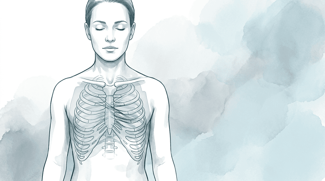 Illustrazione editoriale: alterazioni ritmo respiratorio con tensioni fasciali toraciche T5–T8 e fascia endotoracica