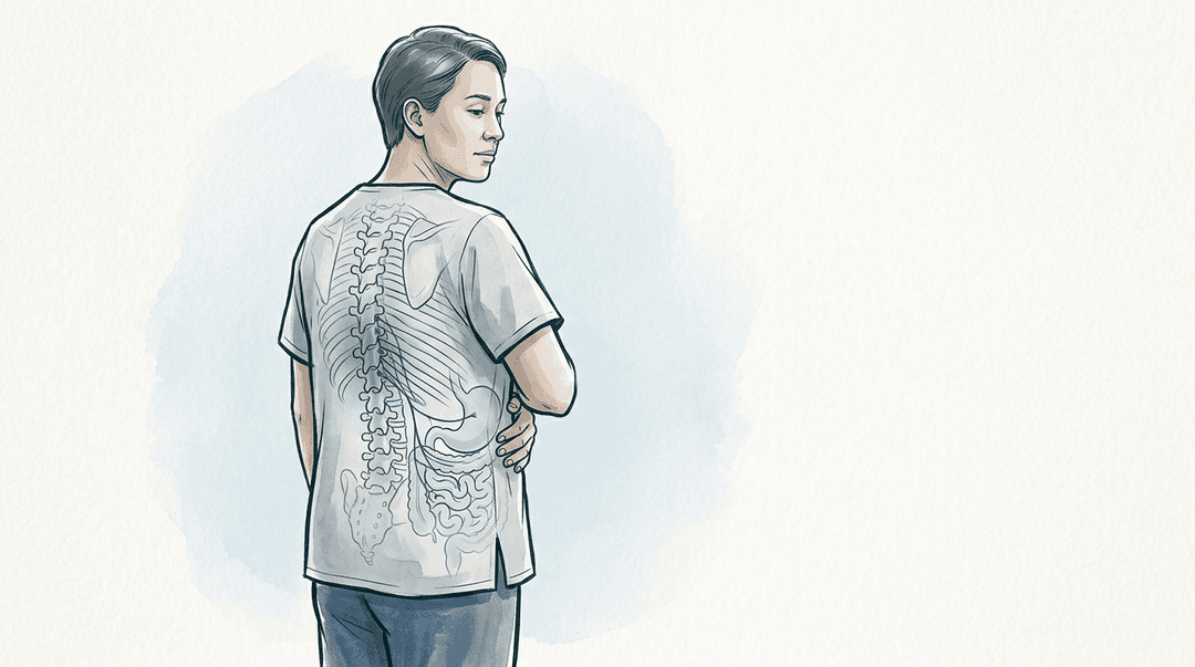Illustrazione editoriale: disfunzioni toraciche basse con digestione compromessa, T10–T11 e coste 10 bilaterali