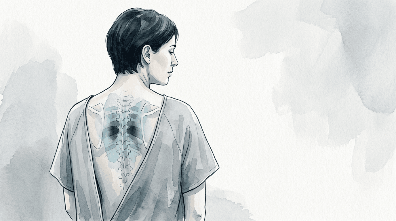 Illustrazione editoriale: dorsalgia interscapolare con ansia somatizzata e facilitazione T3–T5