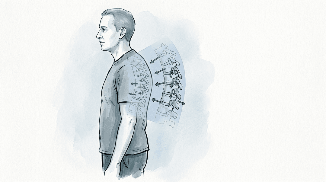 Illustrazione editoriale: ipercifosi dorsale rigida con disfunzione ERS multisegmentaria T3–T7