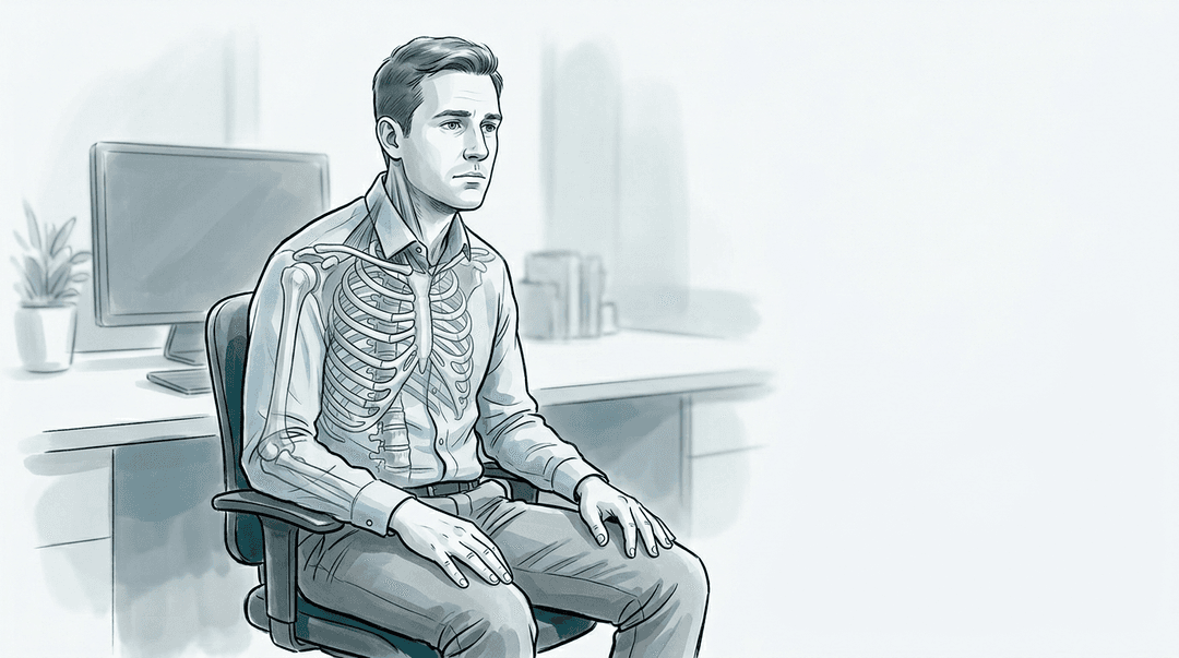 Illustrazione editoriale: dorsalgia in paziente sedentario con stress cronico, ERS bilaterale T6–T8 e rigidità costale media