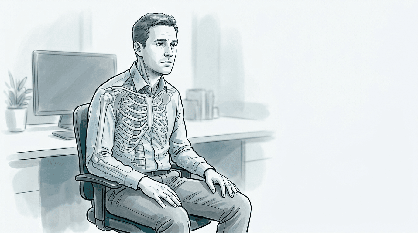 Illustrazione editoriale: dorsalgia in paziente sedentario con stress cronico, ERS bilaterale T6–T8 e rigidità costale media