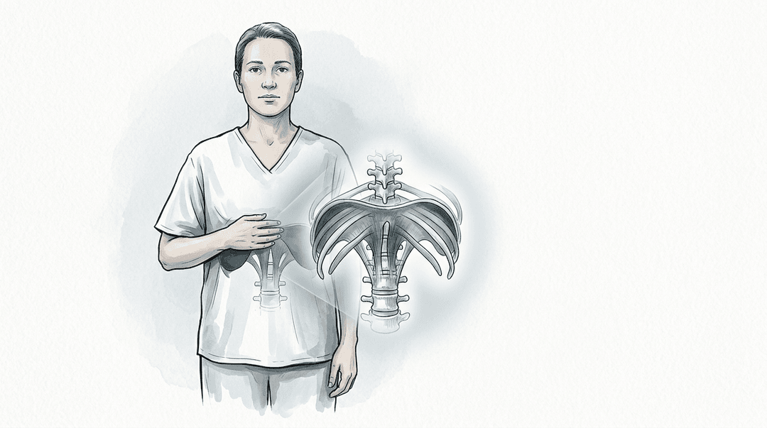 Illustrazione editoriale: disfunzioni toraciche basse con reflusso, T10–T12 e coste flottanti